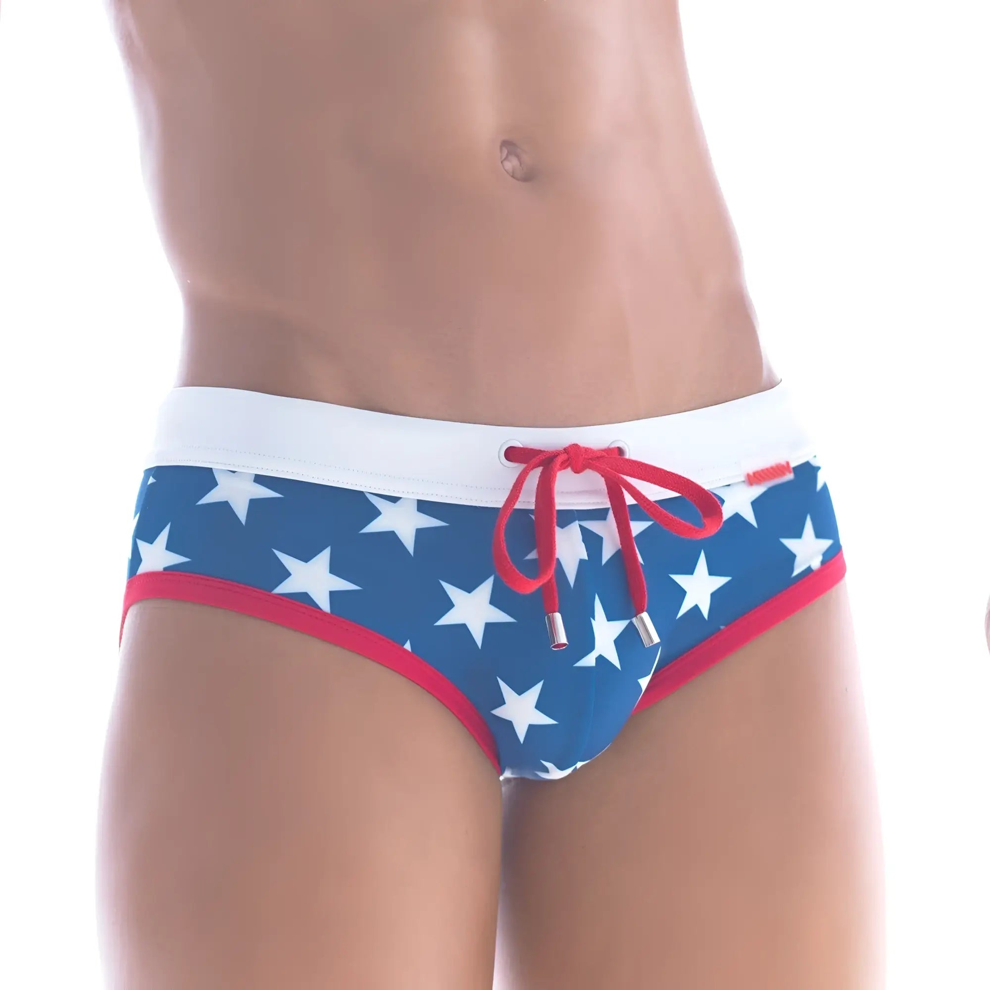 MetroMalewear stella swim brief 4916-92 blue trunks with white stars red trim and matching red drawstring