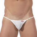White mens thong bikini with thin adjustable straps and a small red metro malewear brand tag front view
