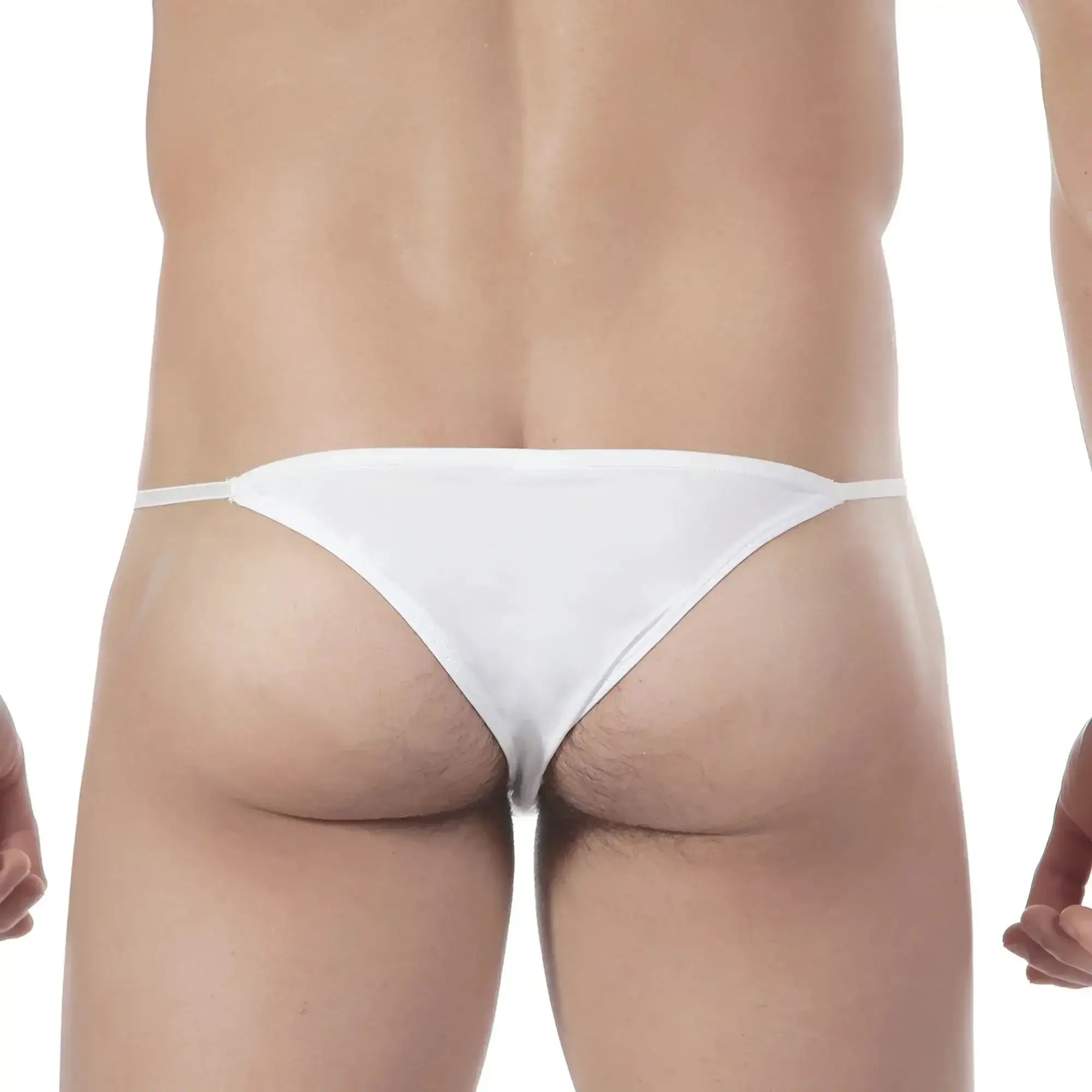 White thong bikini from MetroMaleWear made of smooth stretchy fabric with thin straps shown from the back side