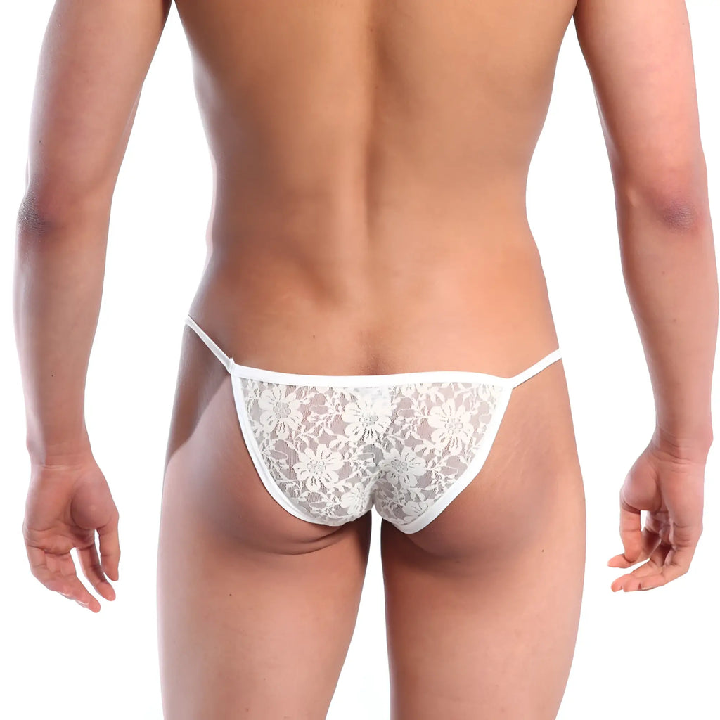 White floral lace thong bikini in nude color from MetroMaleWear featuring delicate string bikini design