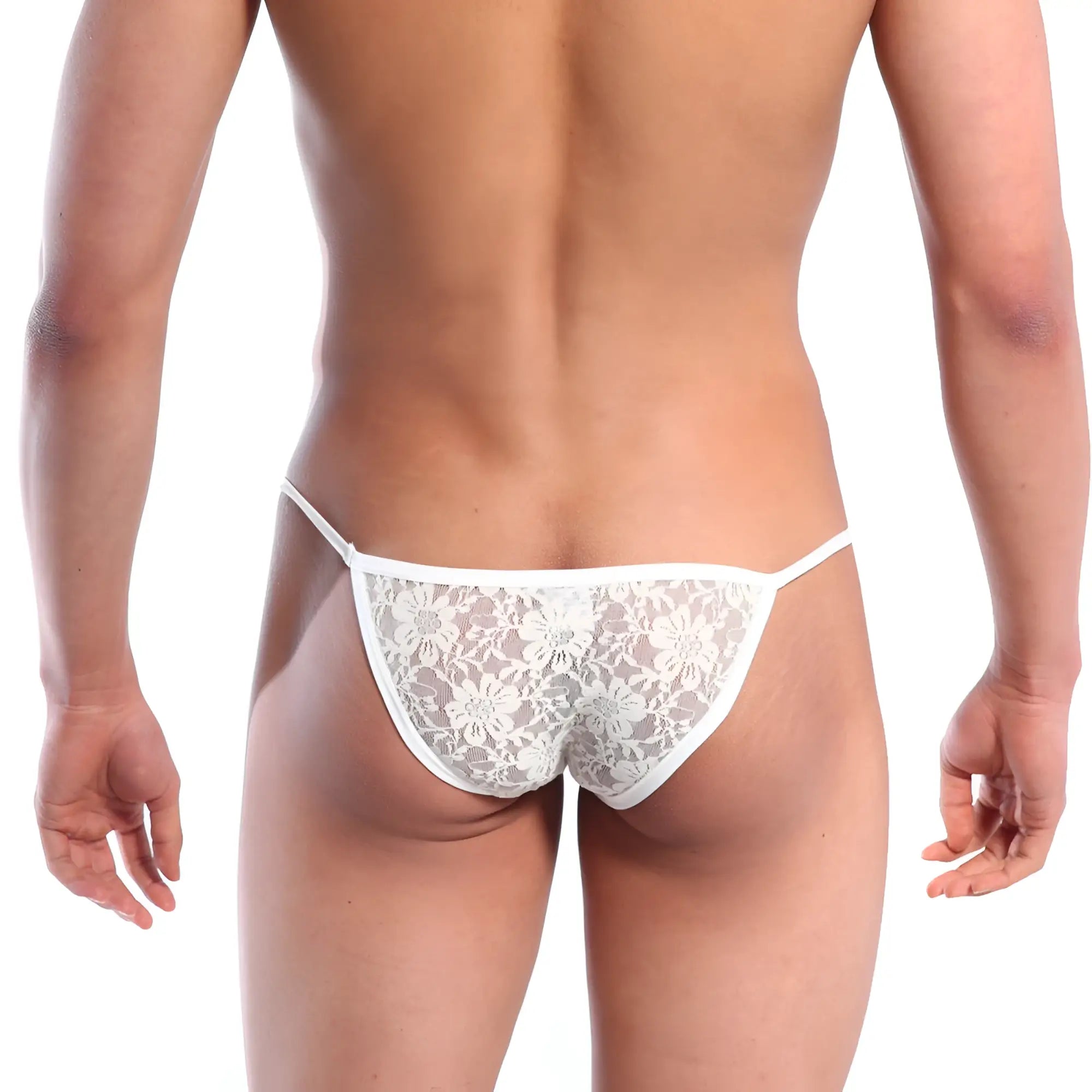 White floral lace thong bikini in nude color from MetroMaleWear featuring delicate string bikini design