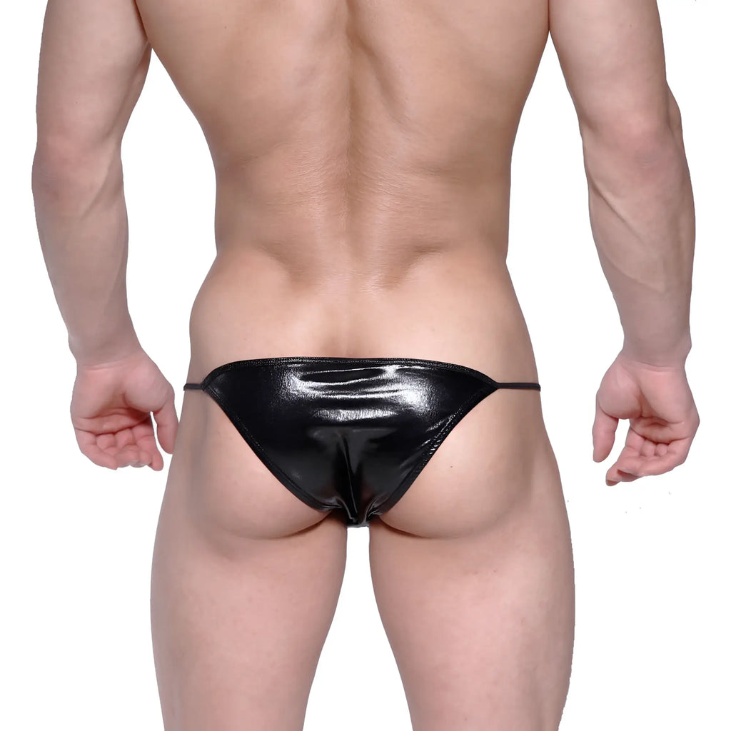 Black shiny patent leather thong with thin side ties from metromalewear string bikini metal black 2005-30