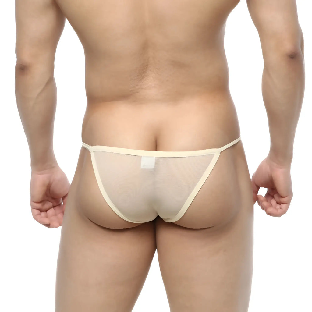 Beige sheer mesh thong with thin elastic waistband from MetroMaleWear string bikini nude 2005-76 collection