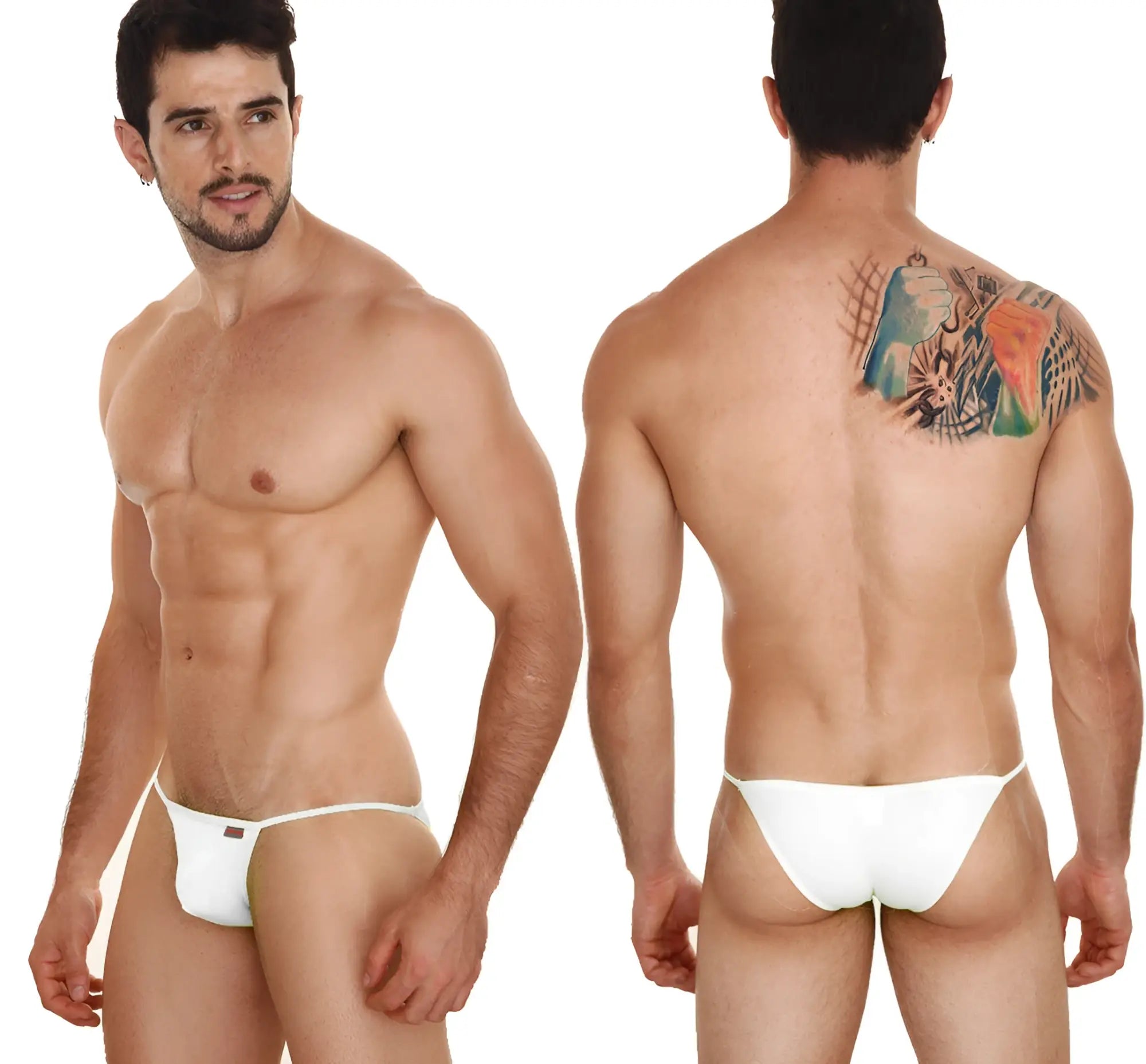 White thong briefs with a small black logo on the left hipband from MetroMaleWear string bikini white 2005-00 product