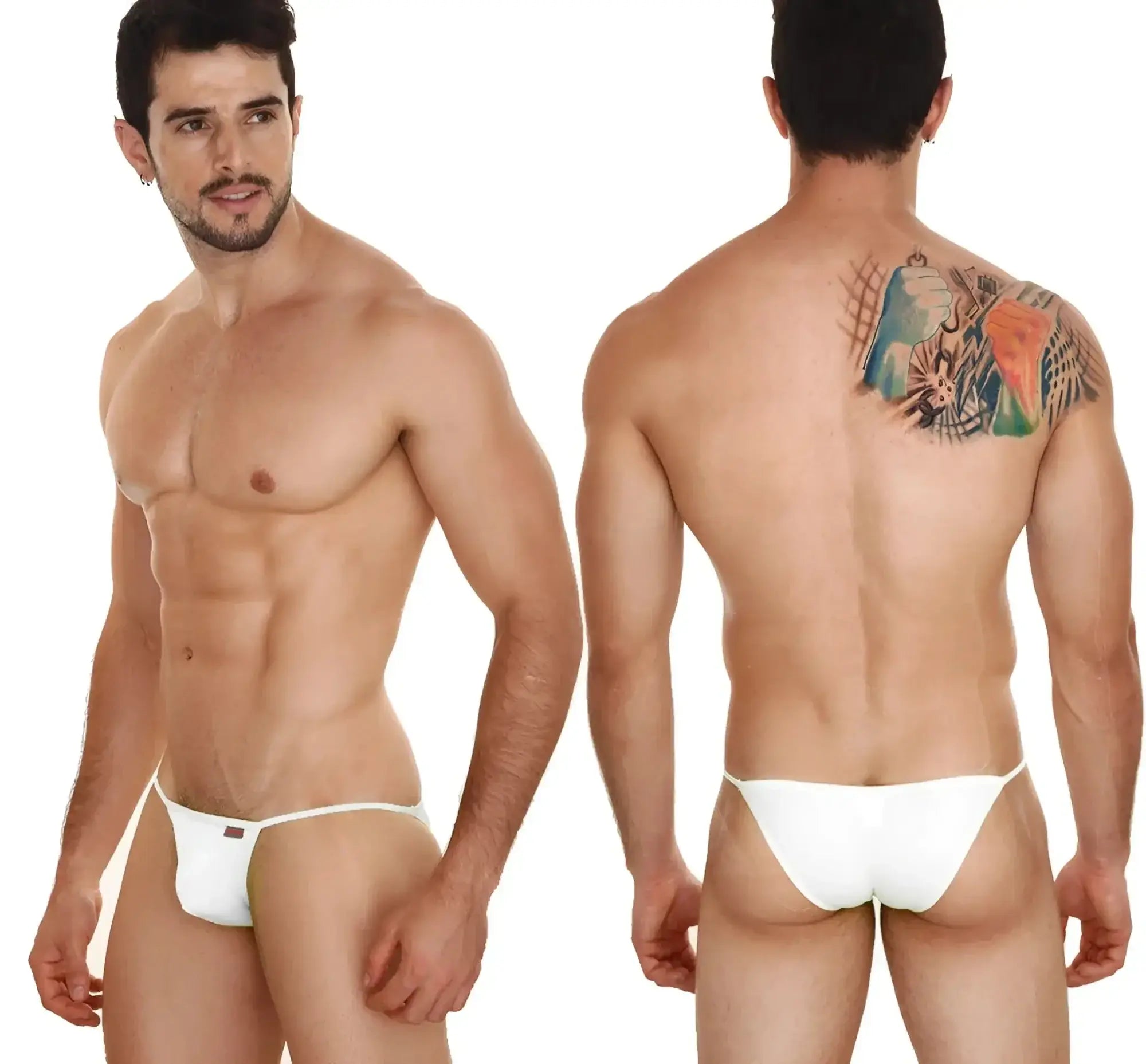 White thong briefs with a small black logo on the left hipband from MetroMaleWear string bikini white 2005-00 product