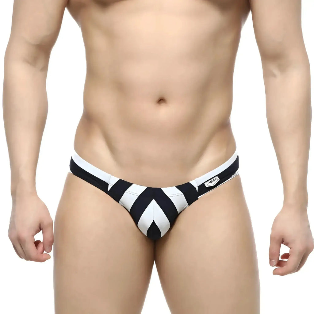 Black and white striped men’s briefs with chevron pattern metroMalewear stripe bikini 5103-29 front view