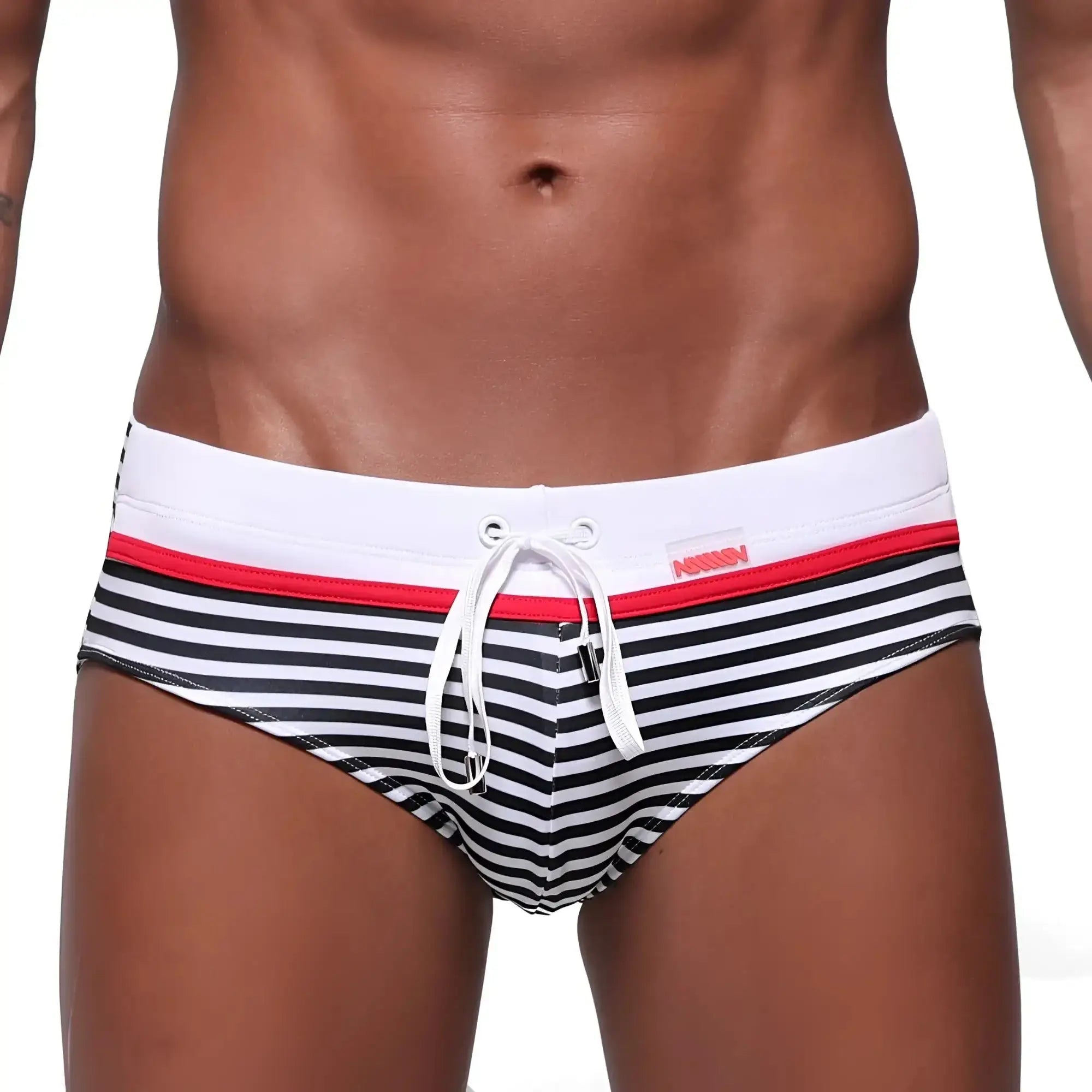 MetroMaleWear stripe swim brief white 4928-02 black and white striped swim trunks with red accent