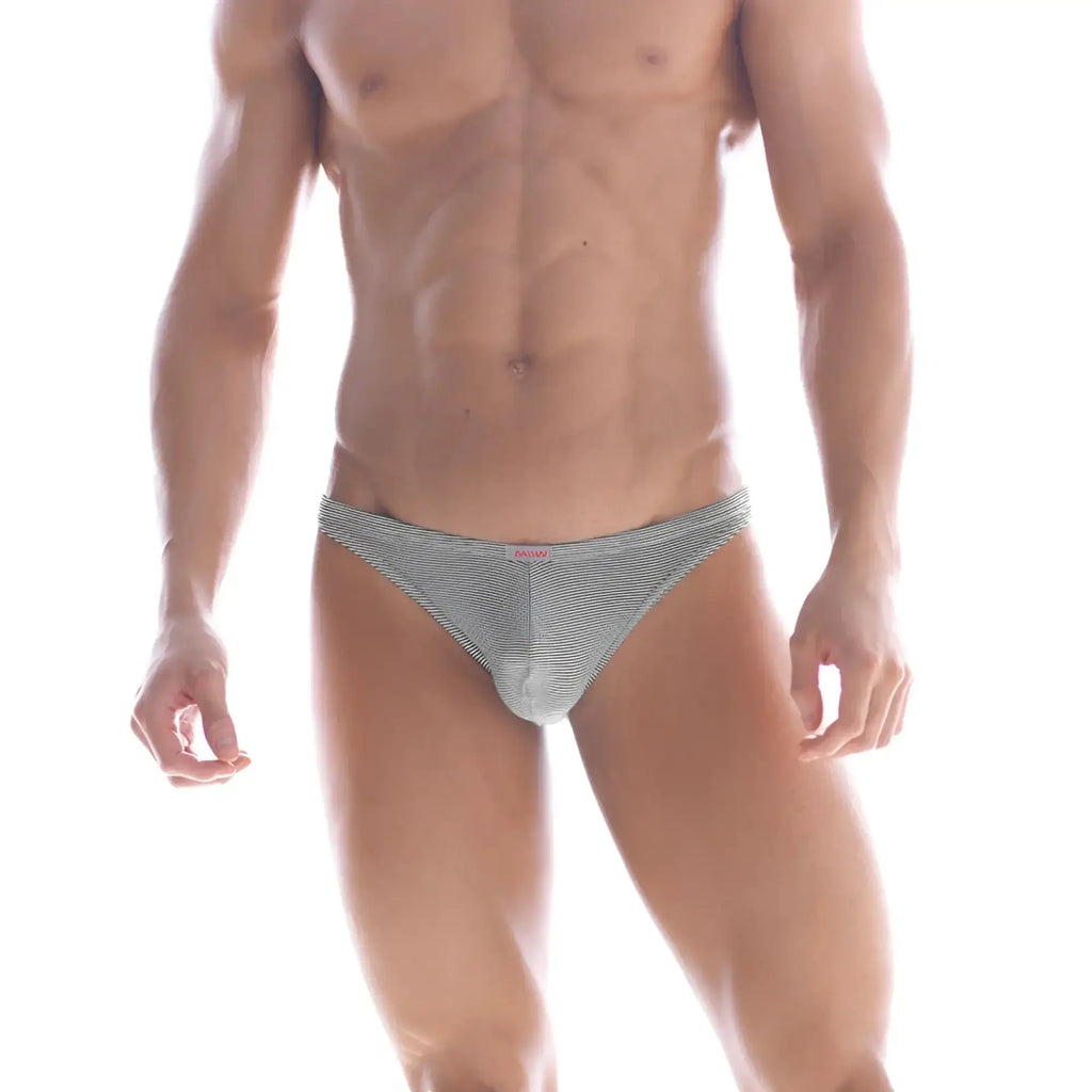 MetroMaleWear sunbathing bikini black stripe gray and white striped men’s briefs with snug form-fitting design