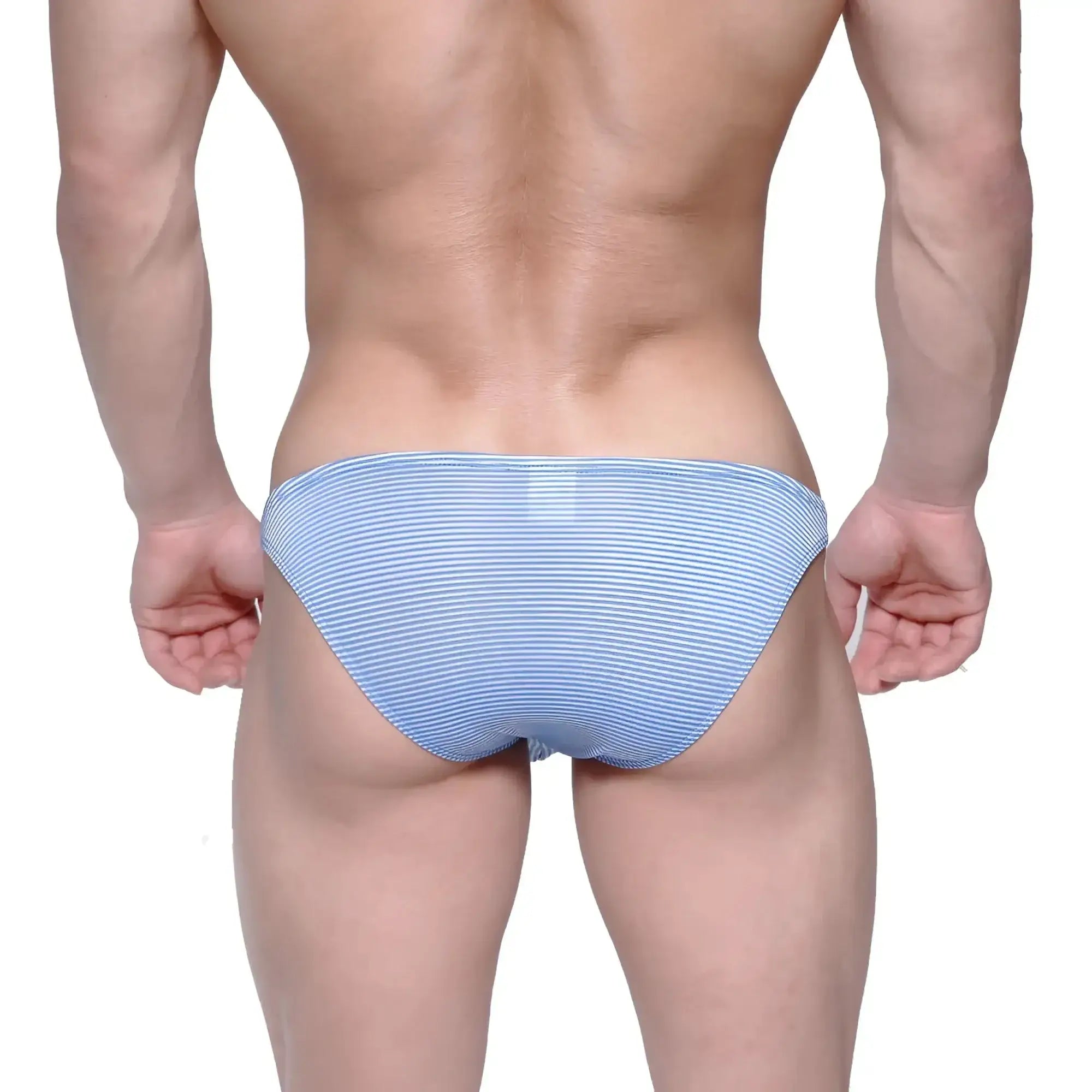 Light blue and white striped men’s briefs metro male wear sunbathing bikini blue stripe 2004-40 front view