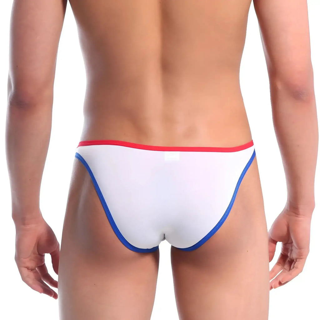 White briefs with red and blue trim from MetroMaleWear sunbathing bikini italic white 2004-50 designed for swimwear use