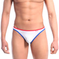 White men’s briefs metroMaleWear sunbathing bikini with red and blue trim in white 2004-50 design
