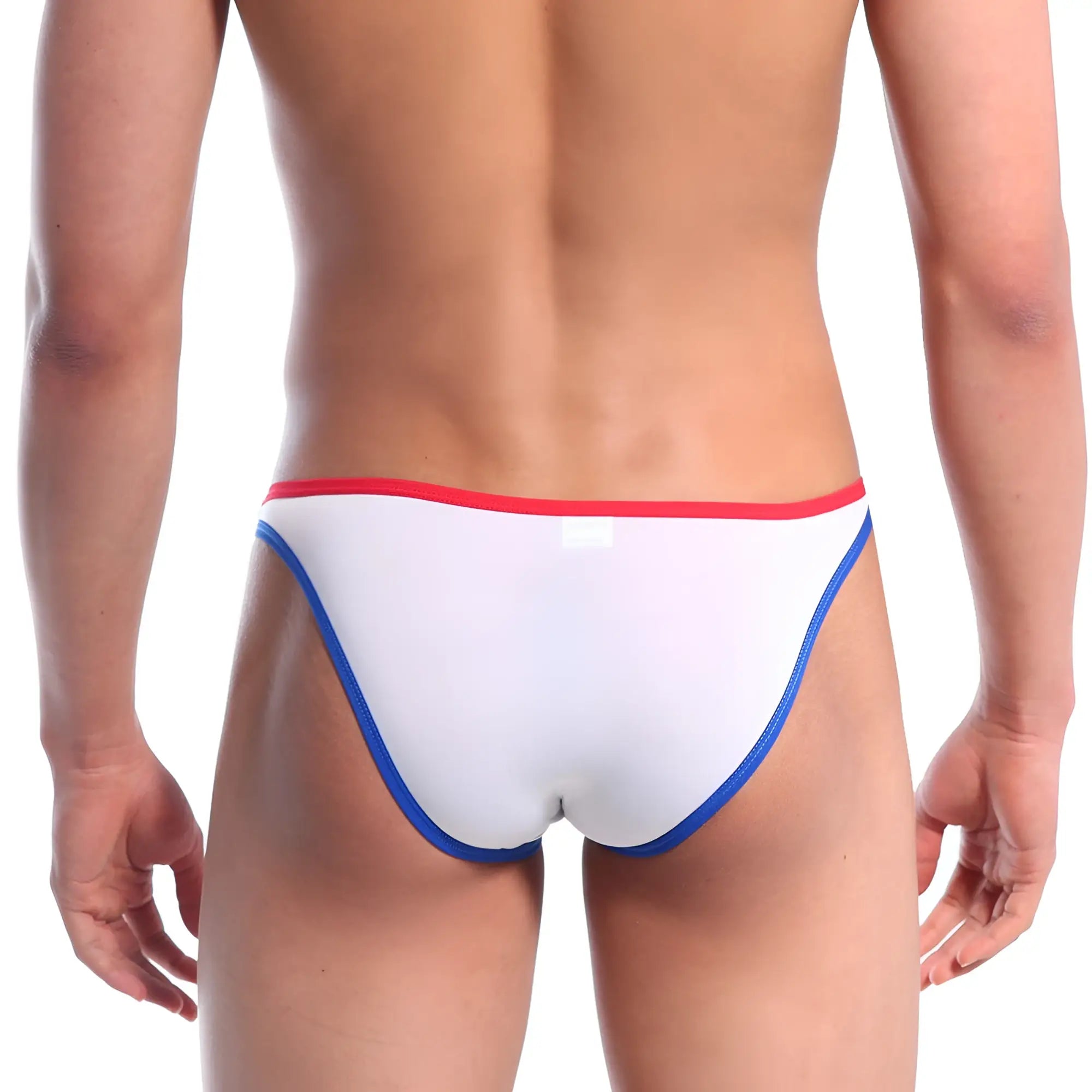 White briefs with red and blue trim from MetroMaleWear sunbathing bikini italic white 2004-50 designed for swimwear use