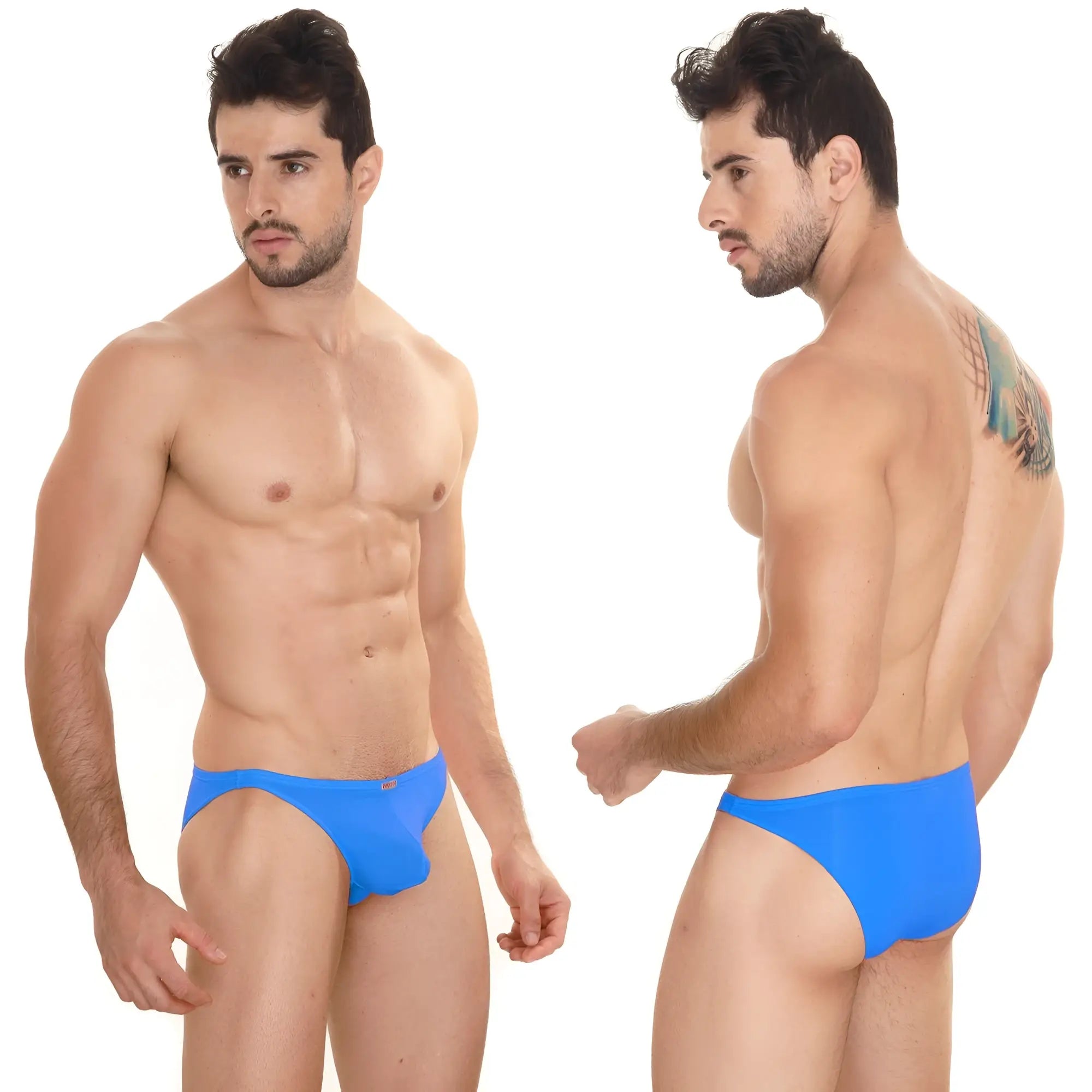 Bright blue form-fitting swim trunks with subtle MetroMaleWear logo perfect for sunbathing and beachwear