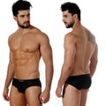 Black MetroMaleWear Sunbathing briefs with a subtle white logo on waistband designed for comfortable swim use