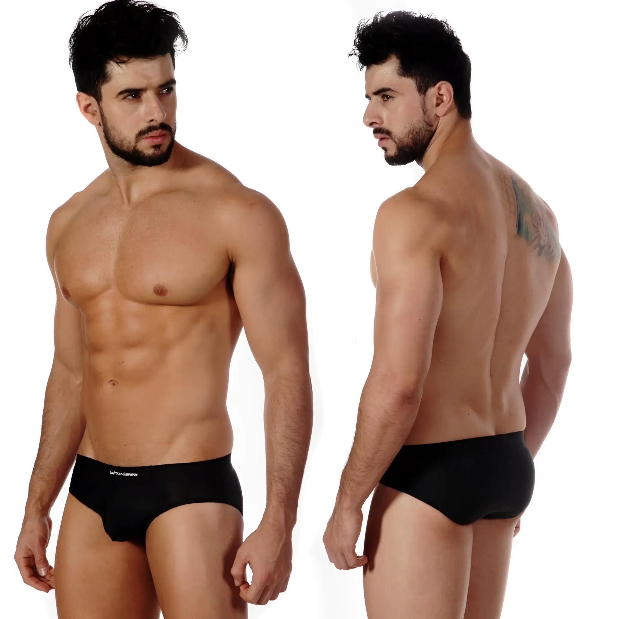 Black MetroMaleWear Sunbathing briefs with a subtle white logo on waistband designed for comfortable swim use