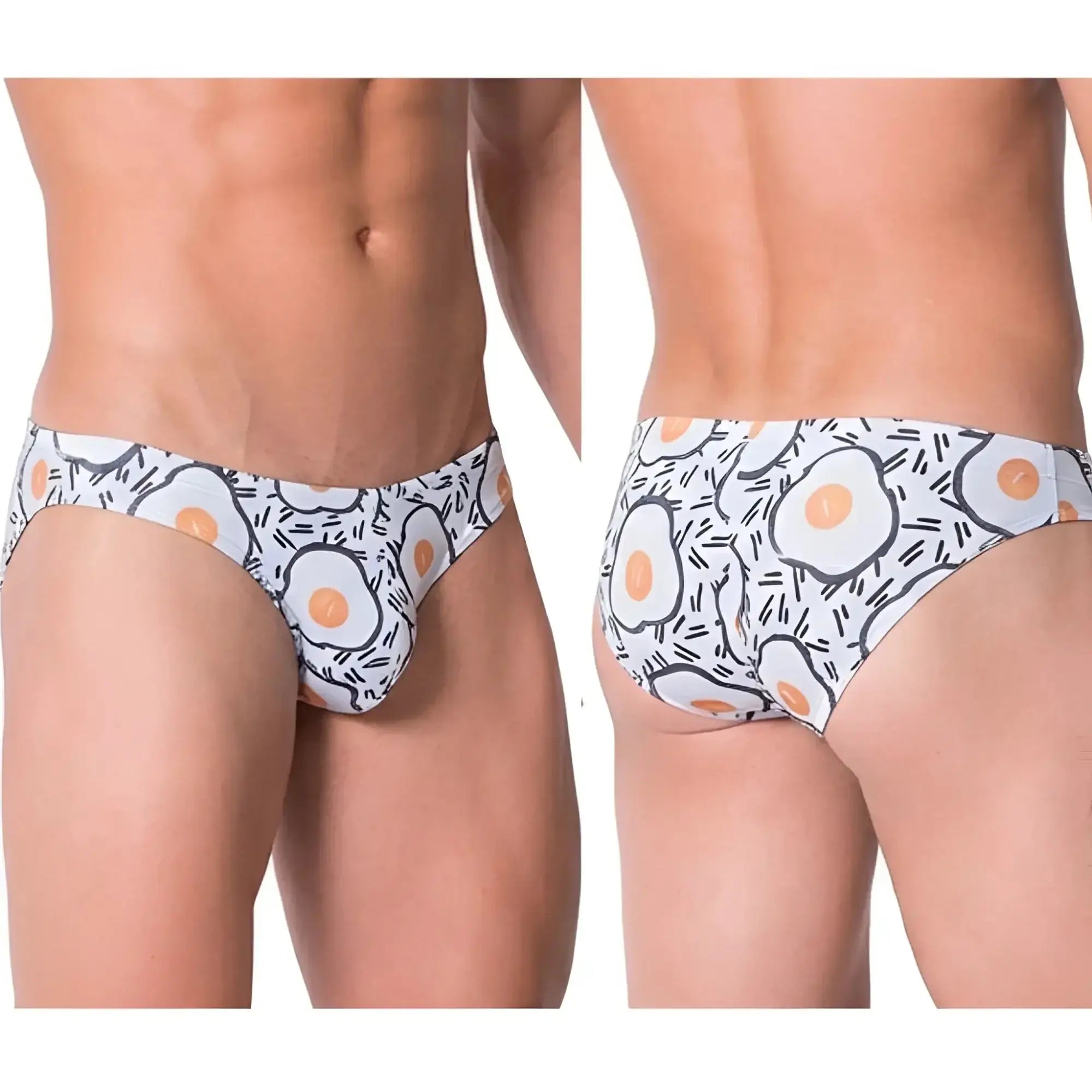 White briefs metro malewear sunny side bikini 6103-55 with playful fried egg pattern and black outlines