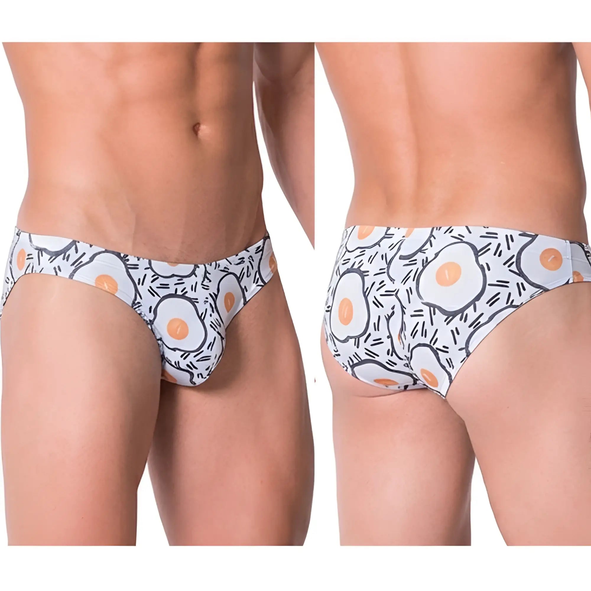 White briefs metro malewear sunny side bikini 6103-55 with playful fried egg pattern and black outlines