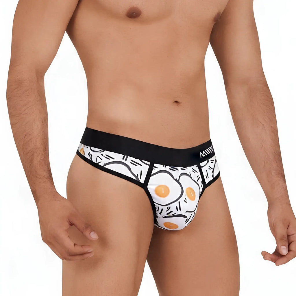 MetroMalewear sunny side thong 5012-41 white briefs with black waistband and orange black cartoon fried egg pattern