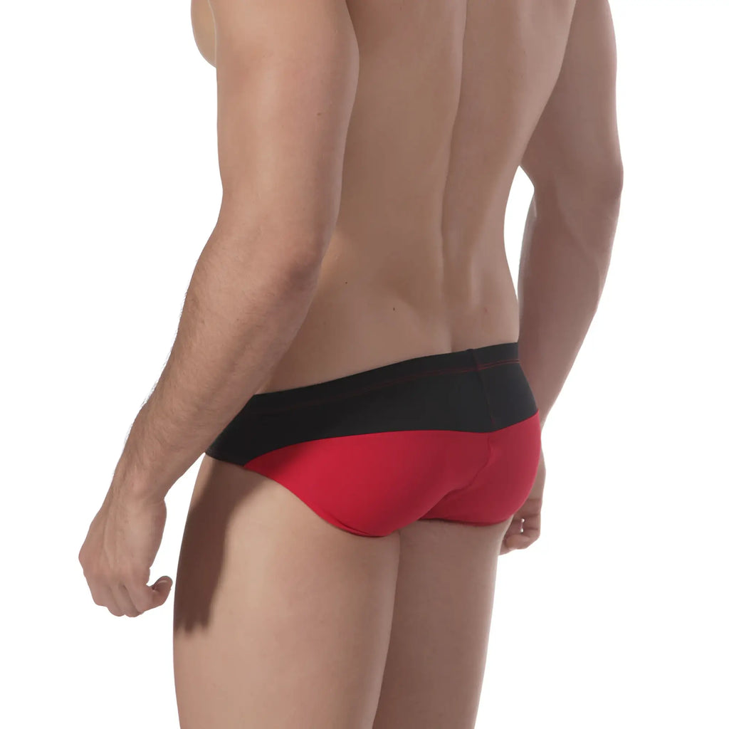 Red and black sleek form-fitting briefs metroMalewear sunrise bikini with a modern design for comfortable wear