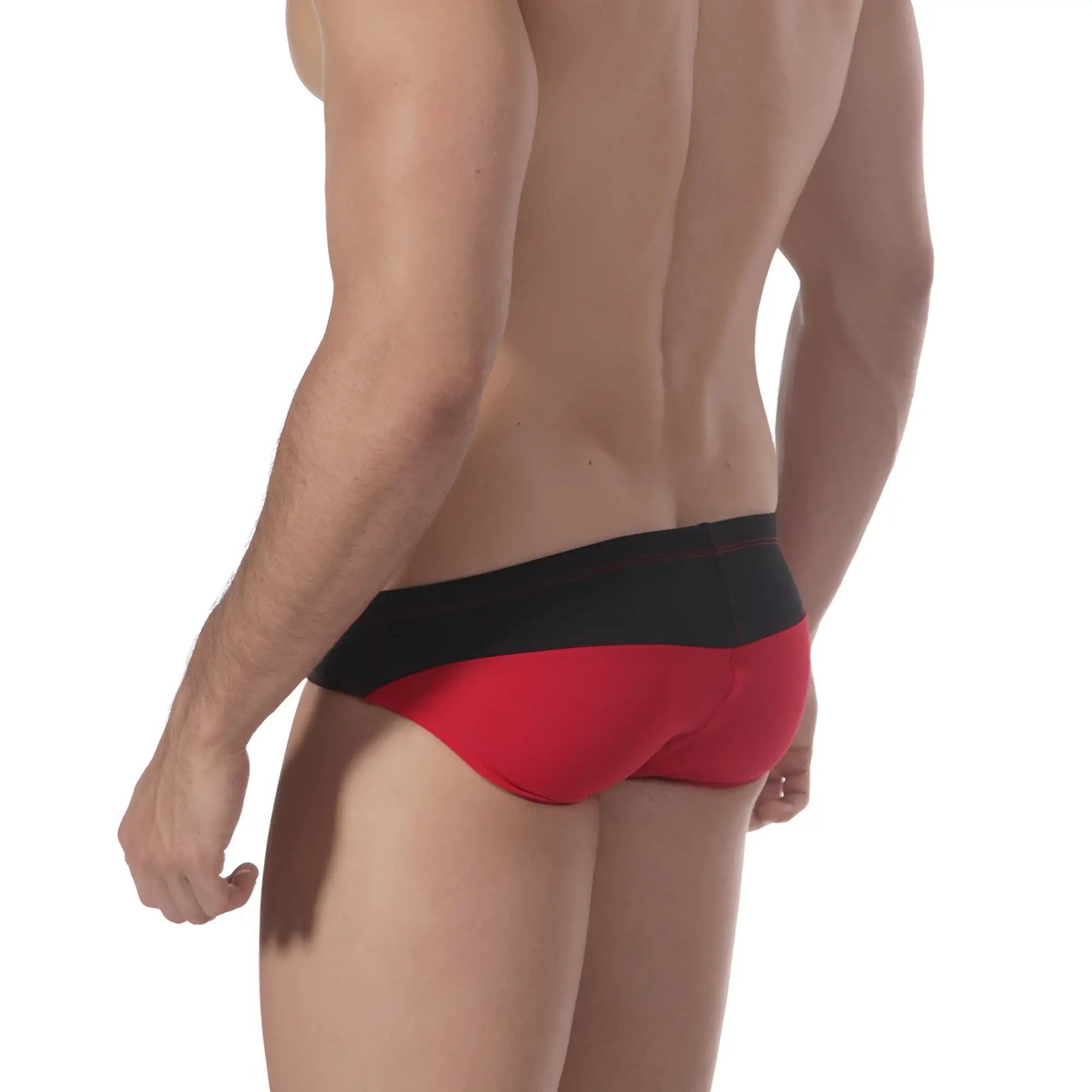 Red and black sleek form-fitting briefs metroMalewear sunrise bikini with a modern design for comfortable wear