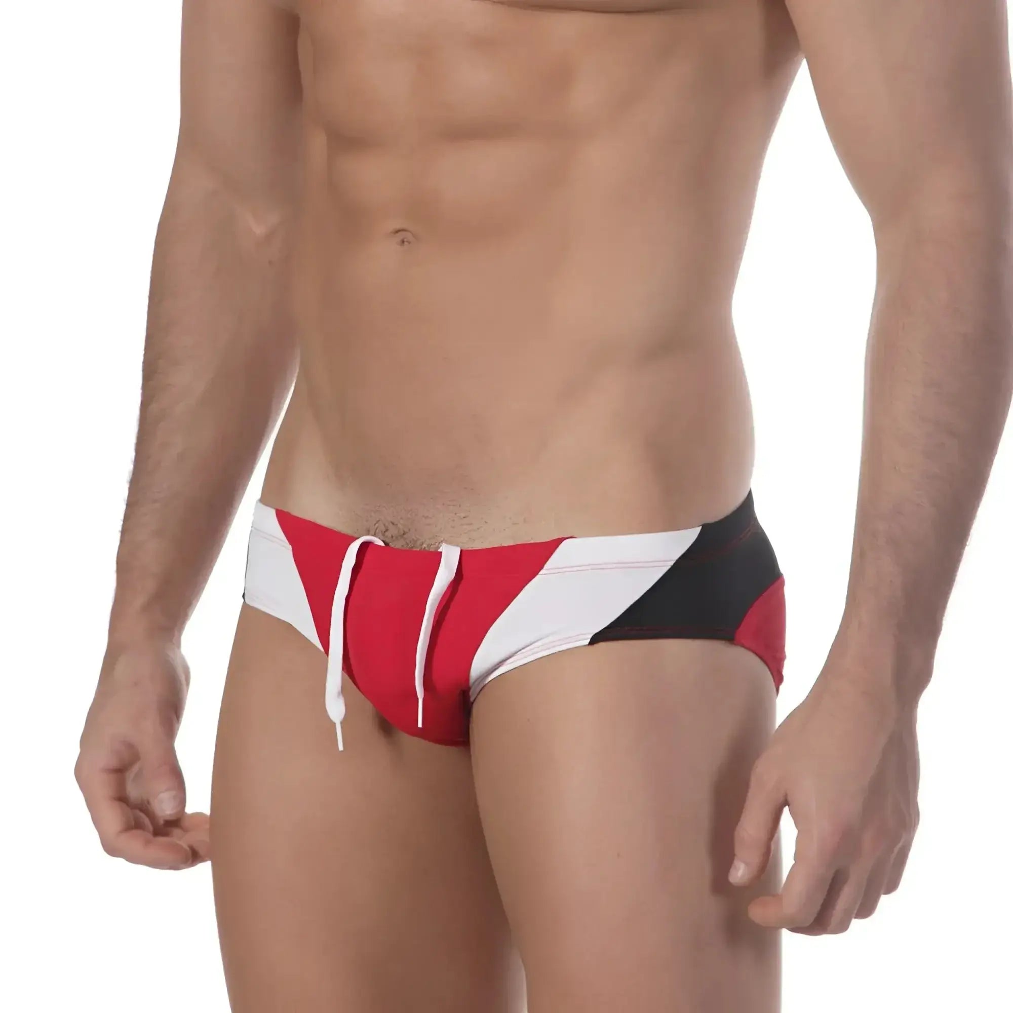 MetroMaleWear Sunrise bikini red 4919-12 swim trunks with red white and black stripes and a drawstring waistband