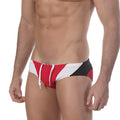 MetroMaleWear Sunrise bikini red 4919-12 swim trunks with red white and black stripes and a drawstring waistband