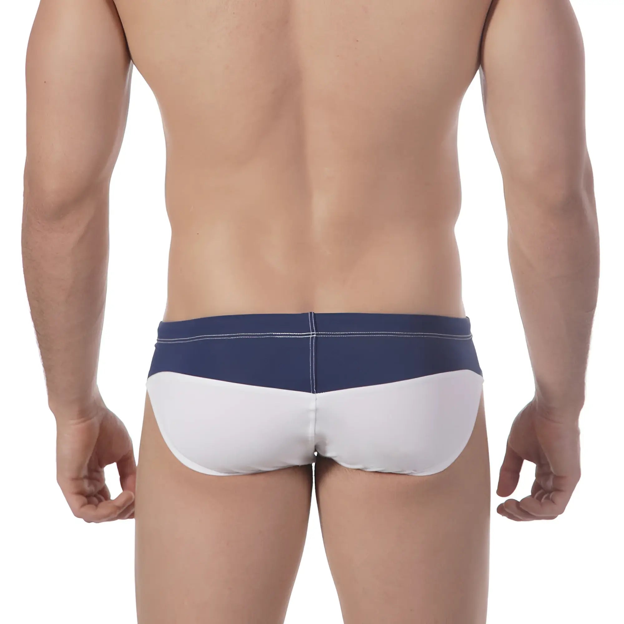 Navy and white two-tone swim trunks with sleek modern design from metromalewear sunrise bikini white 4919-00