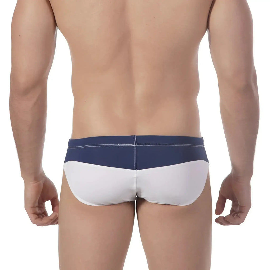 Navy and white two-tone swim trunks with sleek modern design from metromalewear sunrise bikini white 4919-00