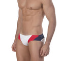 Metro male wear sunrise bikini white 4919-00 swim trunks with red white and navy blue stripes and modern geometric design