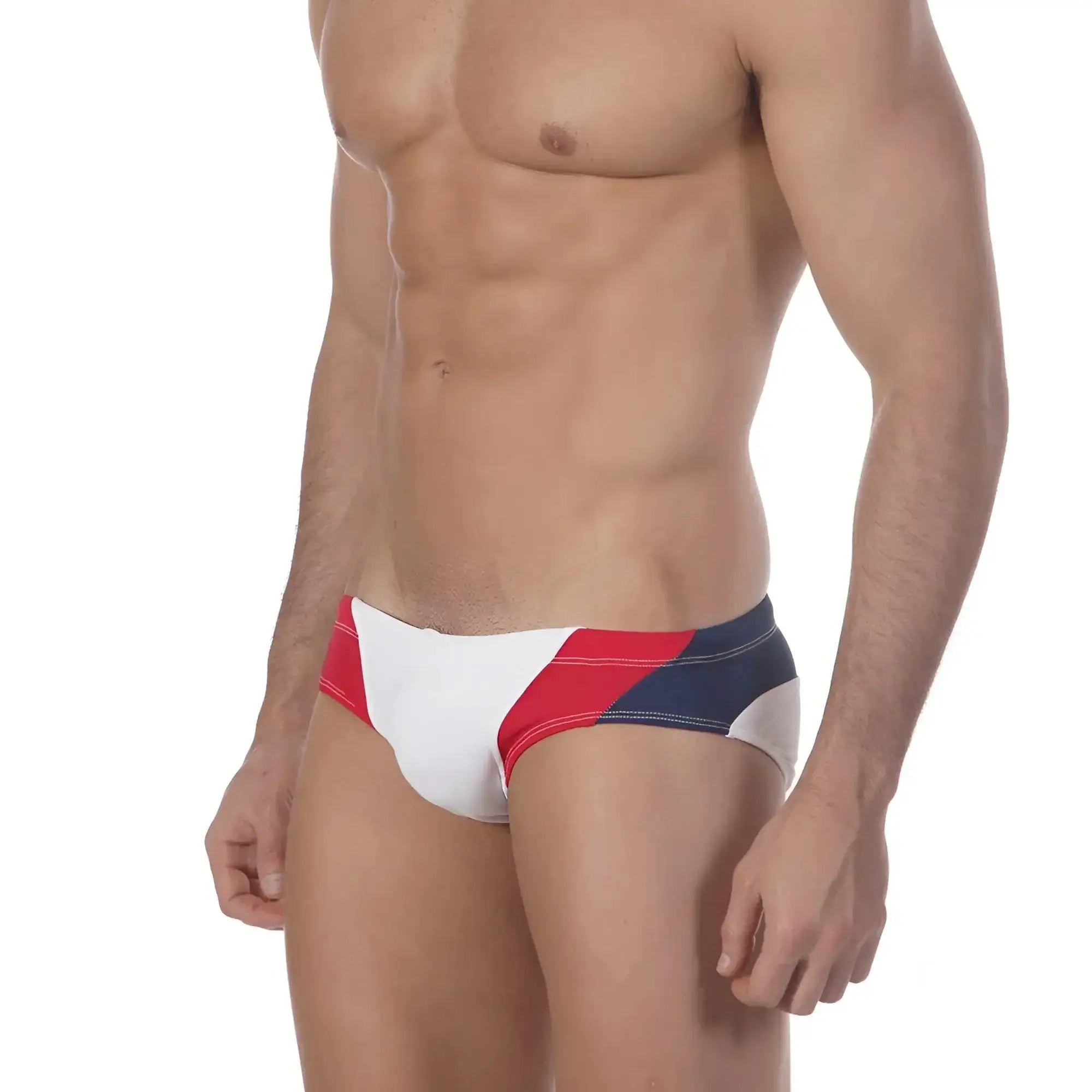 Metro male wear sunrise bikini white 4919-00 swim trunks with red white and navy blue stripes and modern geometric design