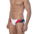 Metro male wear sunrise bikini white 4919-00 swim trunks with red white and navy blue stripes and modern geometric design