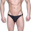 Black sleek form-fitting MetroMaleWear SUP bikini briefs with subtle white logo on waistband in 3604-20 design