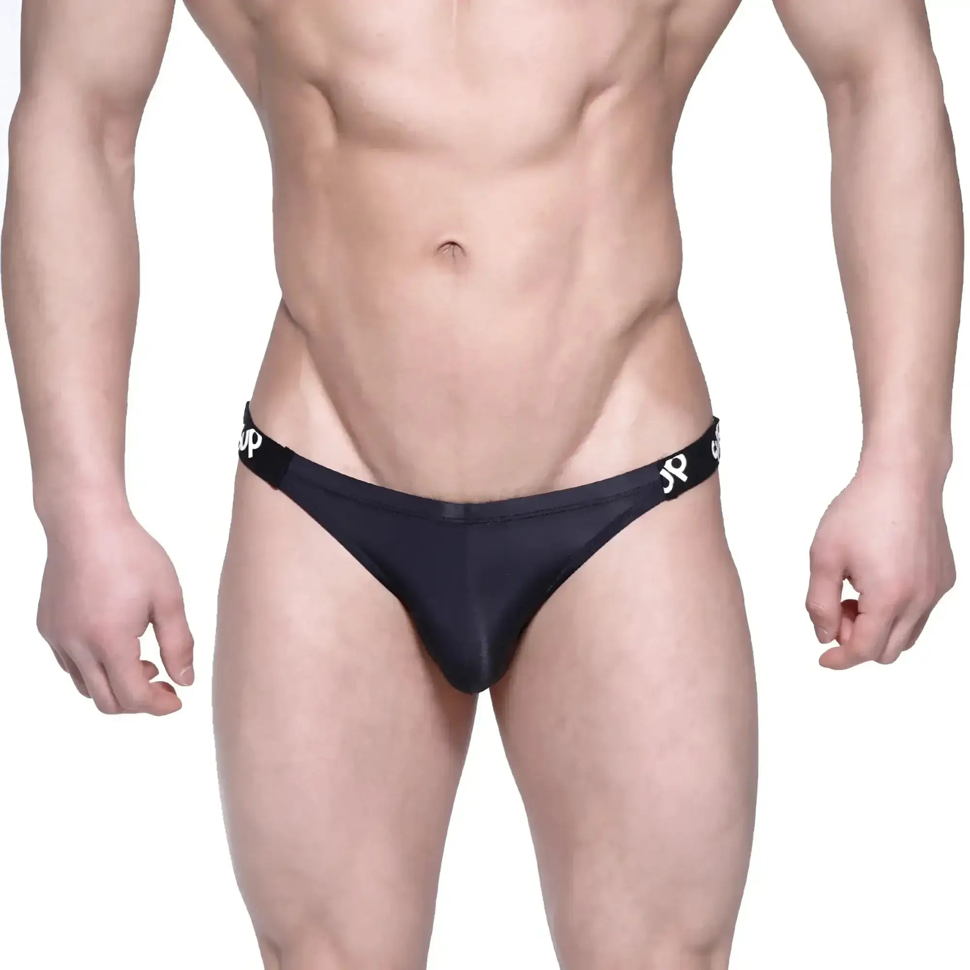 Black sleek form-fitting MetroMaleWear SUP bikini briefs with subtle white logo on waistband in 3604-20 design