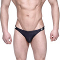 Black sleek form-fitting MetroMaleWear SUP bikini briefs with subtle white logo on waistband in 3604-20 design
