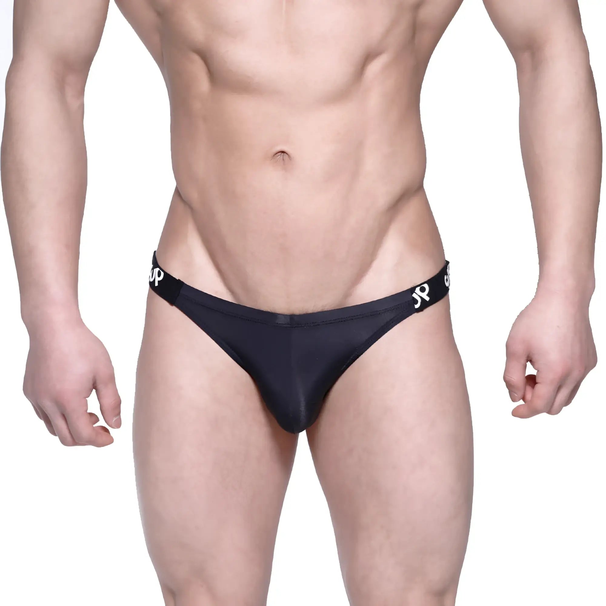 Black sleek form-fitting MetroMaleWear SUP bikini briefs with subtle white logo on waistband in 3604-20 design