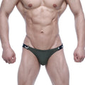 Dark green MetroMaleWear SUP bikini briefs with black elastic waistband featuring white lettering for athletic use