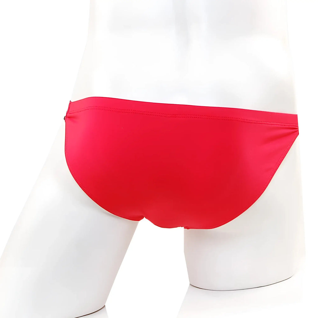 MetroMaleWear SUP bikini valentine red swim trunks with bright red smooth texture displayed on a mannequin