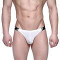 White thong bikini from MetroMaleWear with black elastic waistband featuring a repeating logo pattern front view