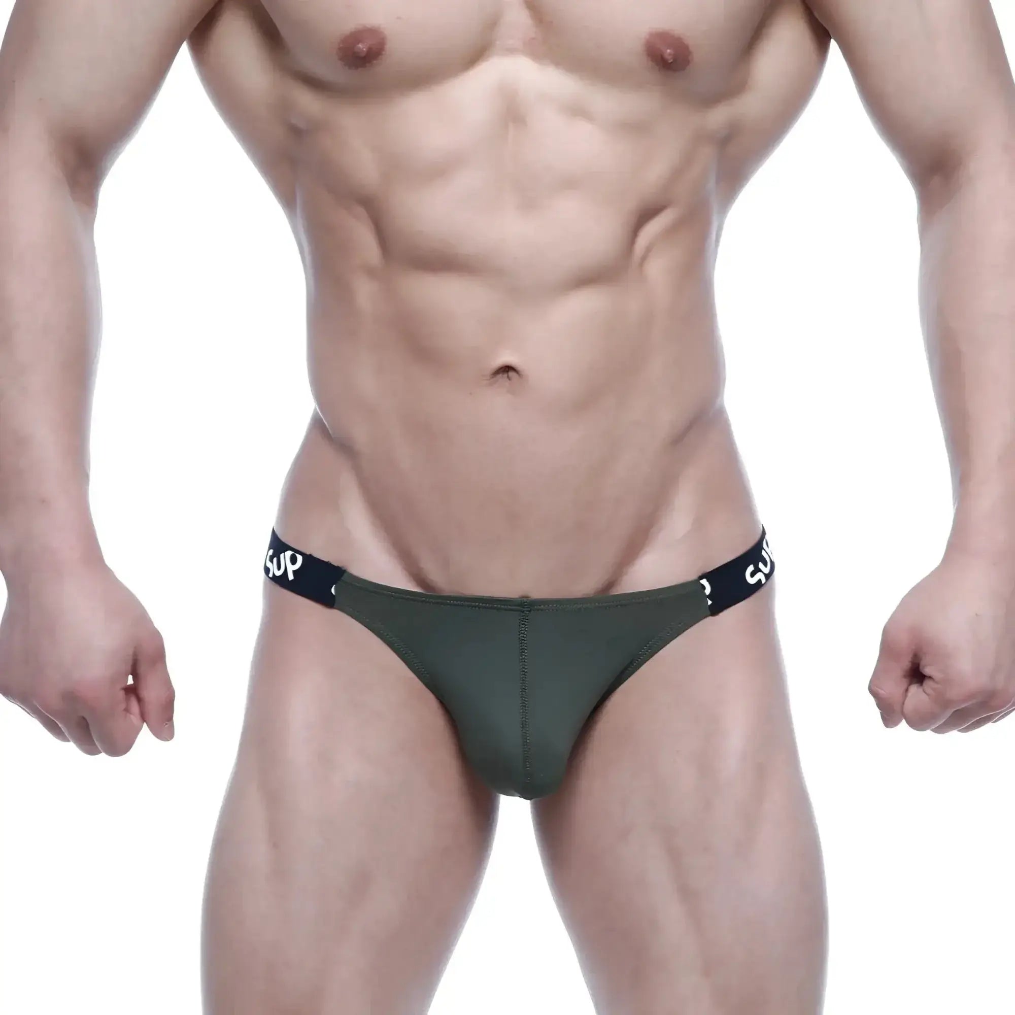 Olive green athletic briefs with black elastic waistband and white sup branding metro male wear sup jock strap