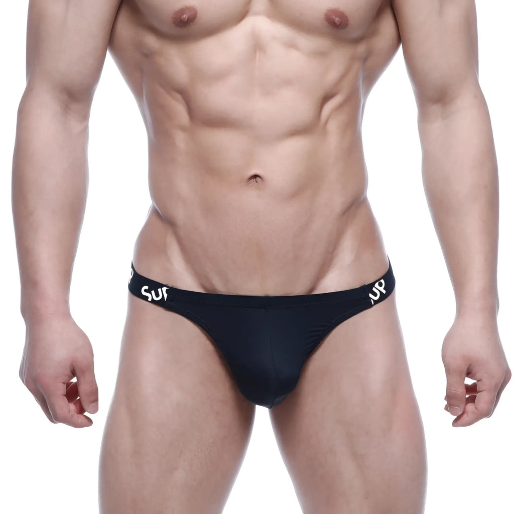 Black metroMalewear sup thong briefs with sleek form-fitting design and white sur branding on waistband