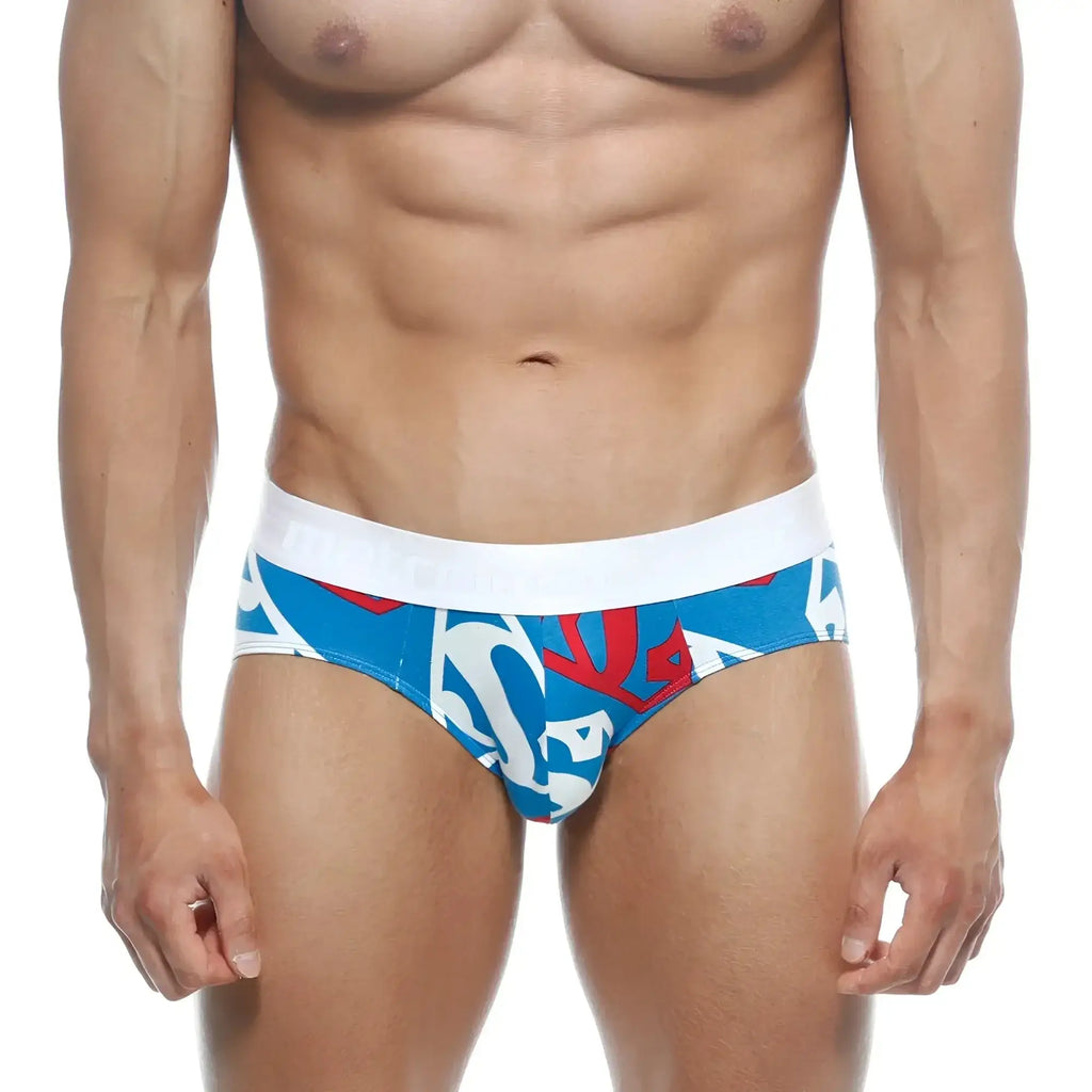 MetroMaleWear super hero hip brief 5003-99 blue and red graffiti patterned briefs with white waistband front view