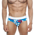 MetroMaleWear super hero hip brief 5003-99 blue and red graffiti patterned briefs with white waistband front view