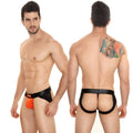 Black and orange men’s thong with black elastic waistband featuring MetroMaleWear logo for a bold jock strap look