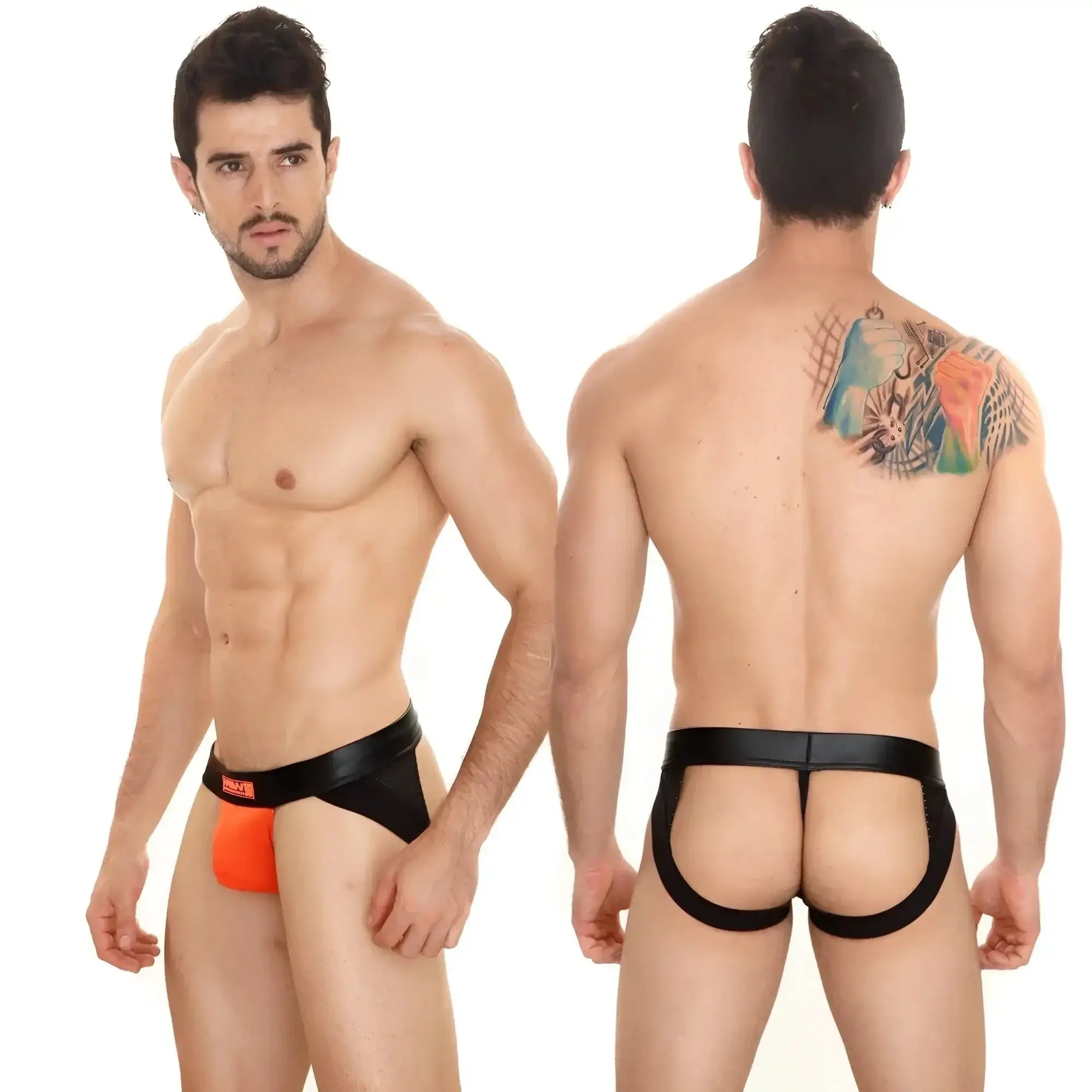 Black and orange men’s thong with black elastic waistband featuring MetroMaleWear logo for a bold jock strap look