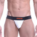 White athletic briefs with black elastic waistband featuring orange miw metromalewear logo metro malewear super jock strap