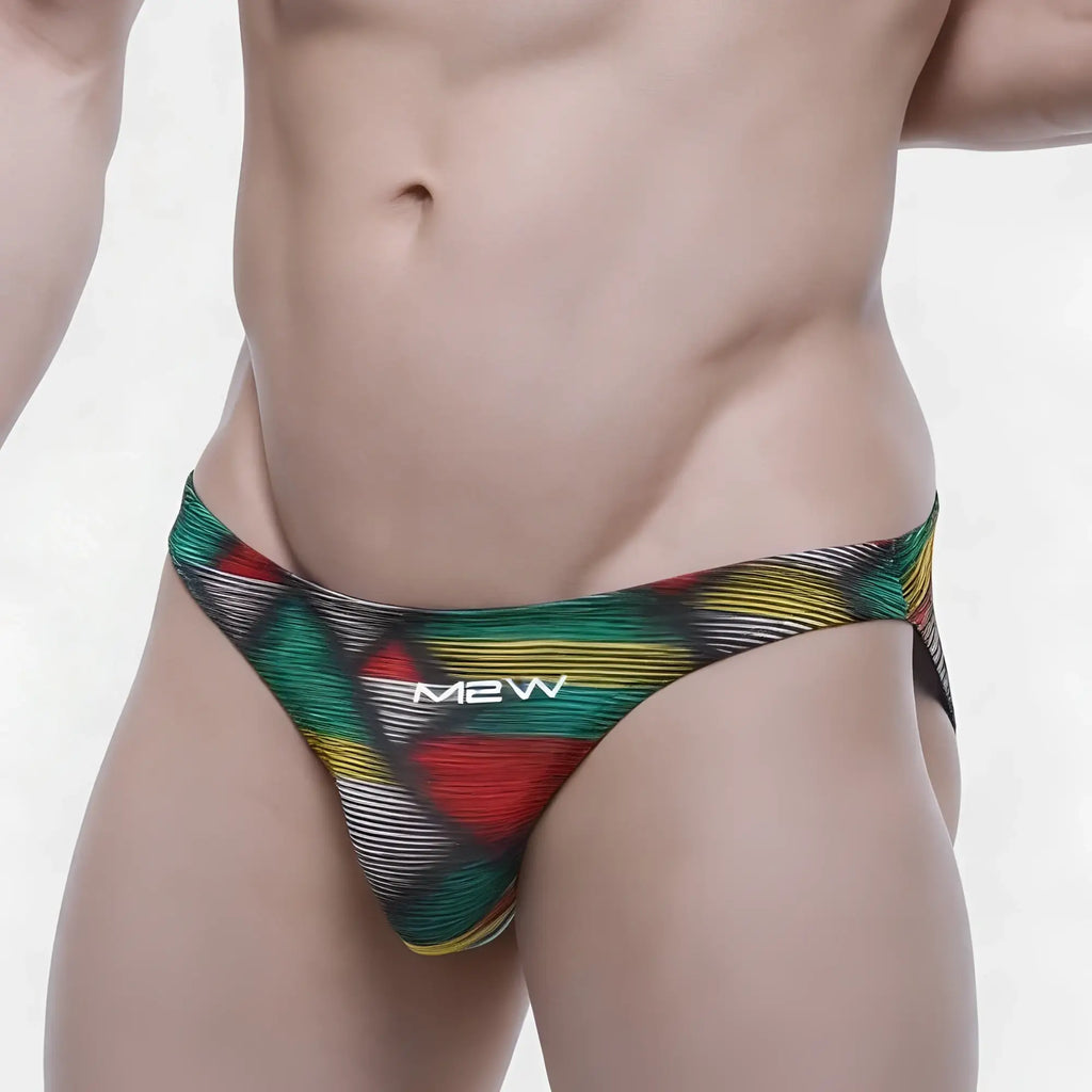 M2w metroMalewear super lowrise bikini briefs with vibrant red green yellow black geometric pattern and thin white lines