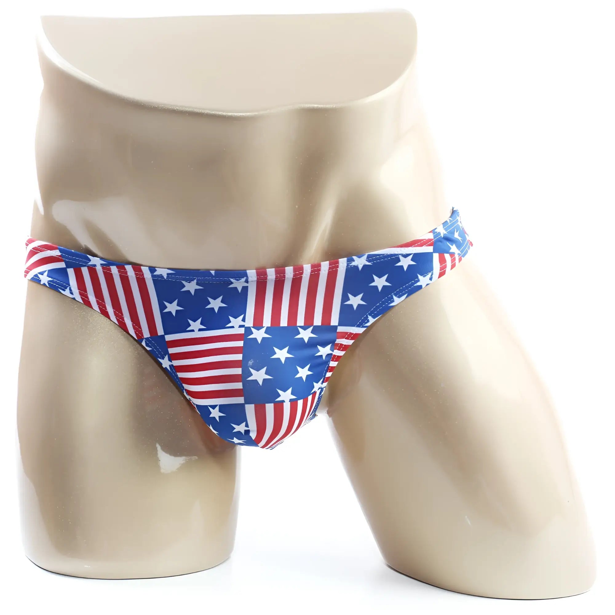 MetroMalewear super lowrise bikini flag swim trunks with American flag patchwork in red white and blue stripes and stars