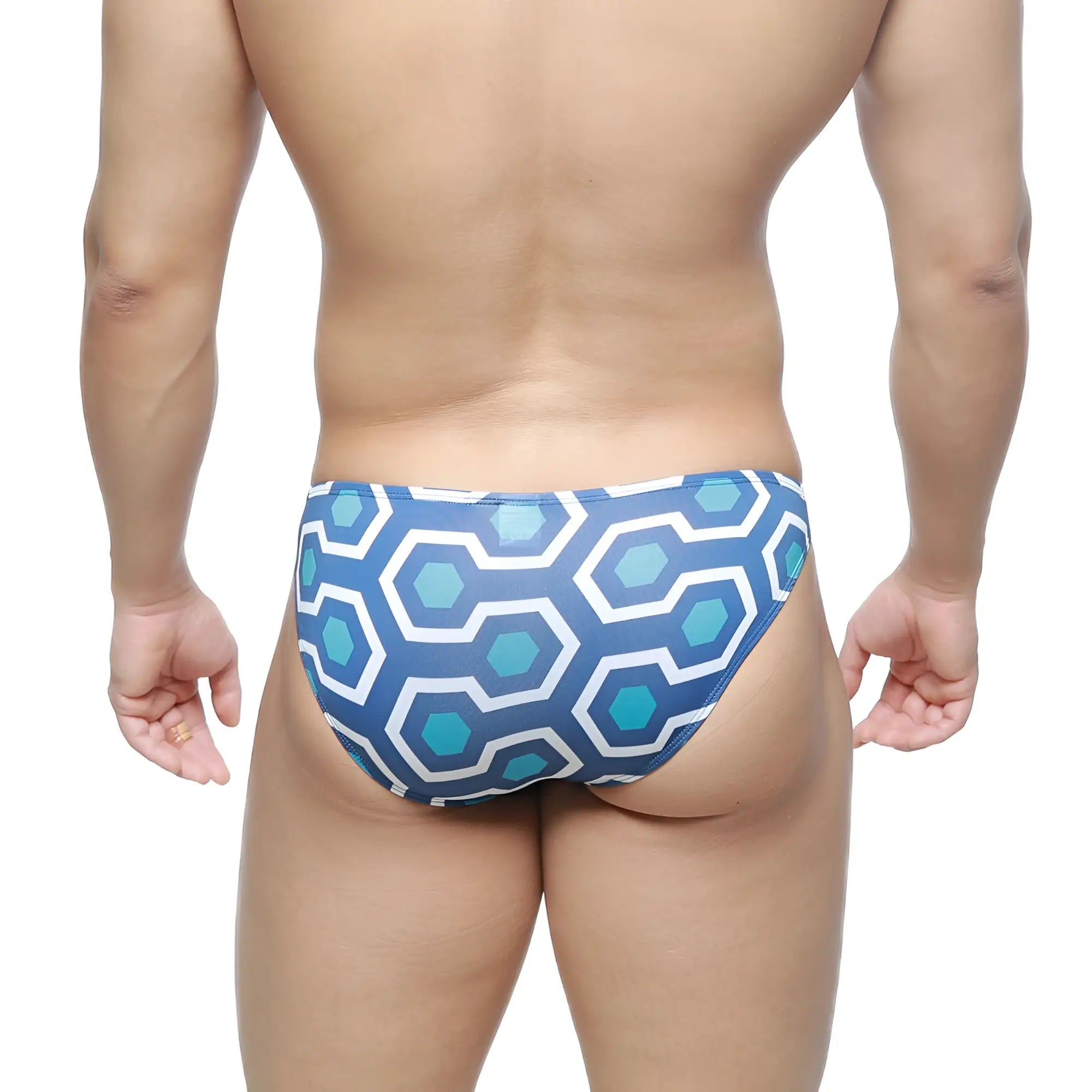 Blue and white geometric patterned swim trunks with retro hexagonal print from metromalewear super lowrise bikini line