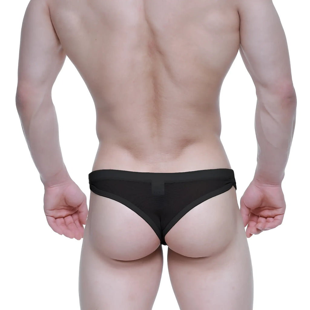 Black mesh briefs with solid black waistband by metromalewear super lowrise thong 6109-20 front view