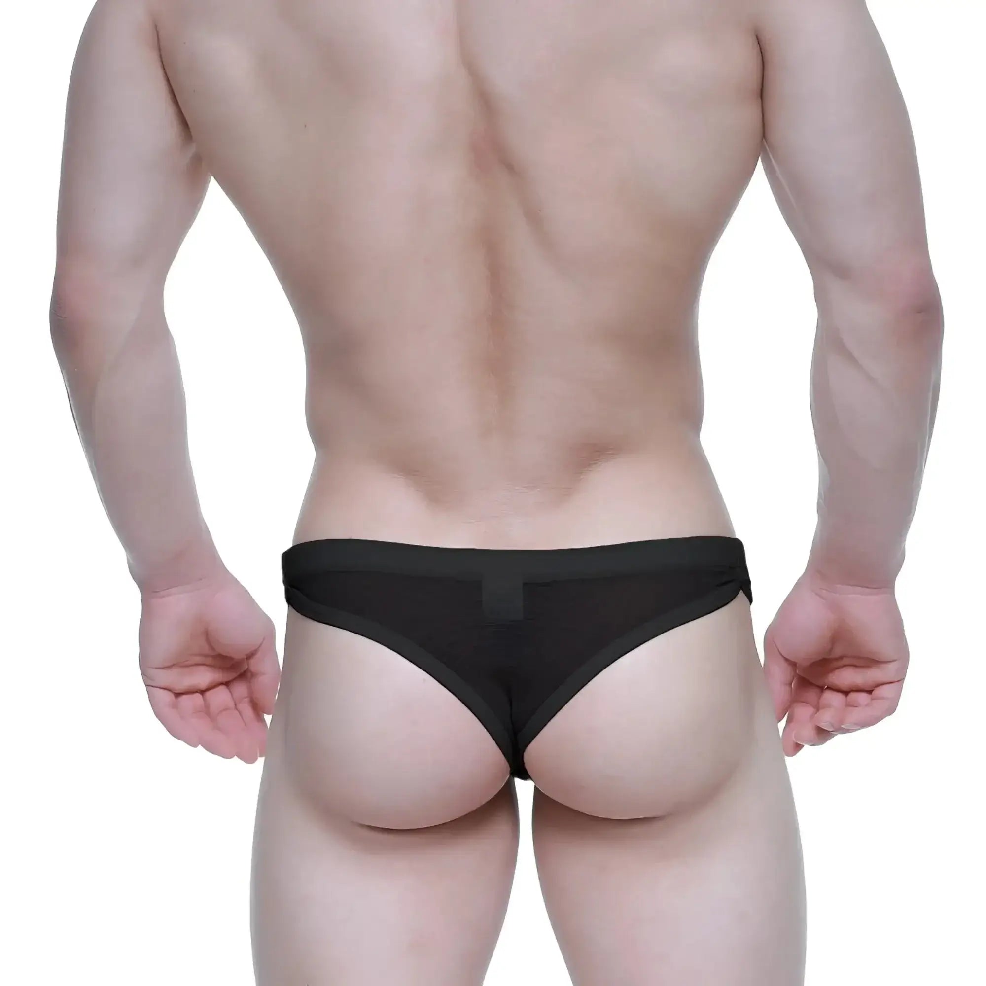 Black mesh briefs with solid black waistband by metromalewear super lowrise thong 6109-20 front view